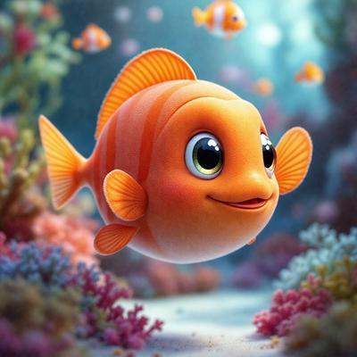 The primary subject of the image is a cute, cartoon-like fish with a big smile on its face. The fish is floating in a colorful underwater environment, surrounded by a variety of sea creatures. The visual style of the image is a combination of digital art and illustration, creating a vibrant and lively atmosphere. The dominant colors in the image are shades of pink, orange, and blue, which contribute to the overall cheerful and playful mood.